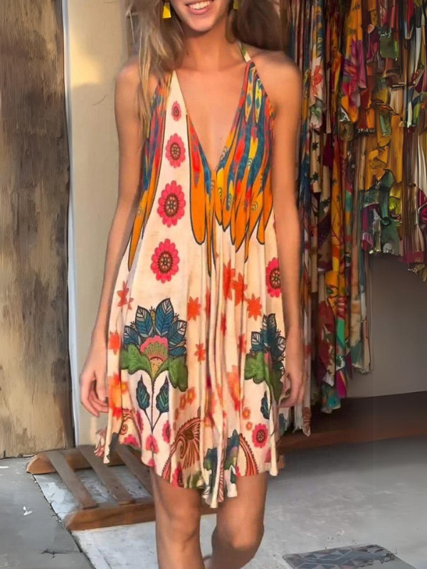 Resort Style Deep V-neck Backless Printed Dress