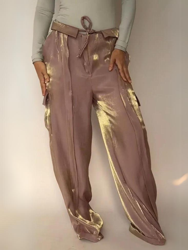 Women's Flip-waisted Satin Pants with Multiple Pockets