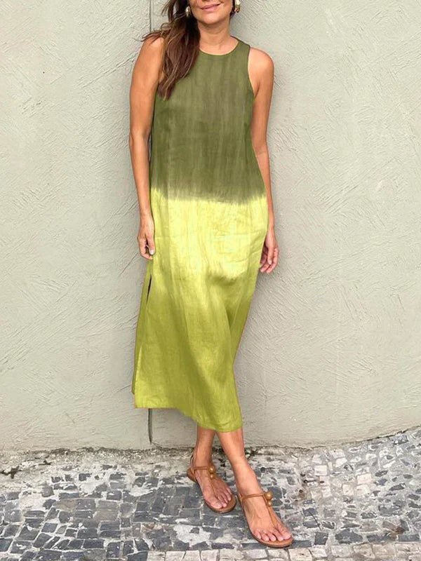 【Same Day Delivery】Women's casual cotton and linen sleeveless slit gradient tie-dye long dress