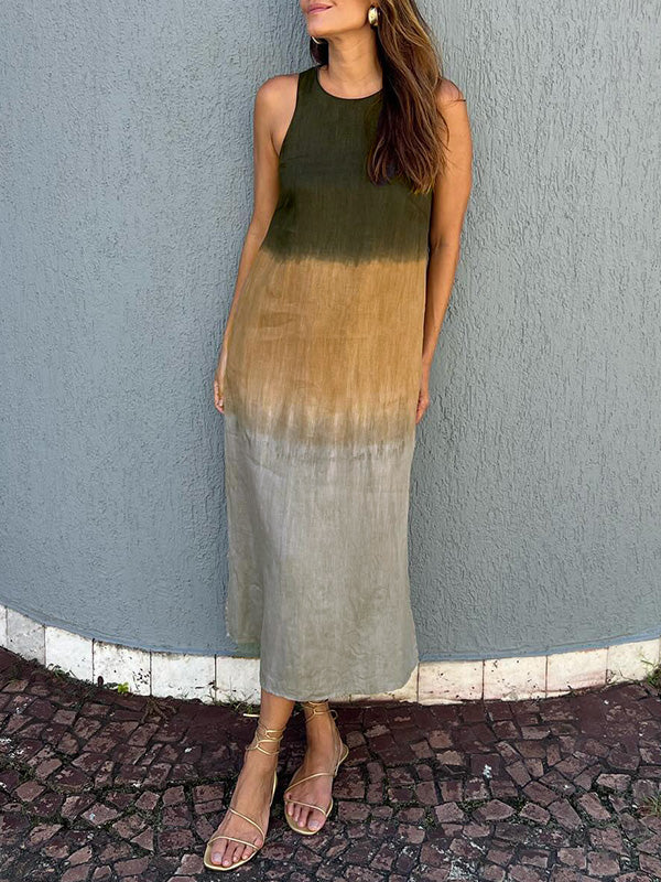 【Same Day Delivery】Women's casual cotton and linen sleeveless slit gradient tie-dye long dress