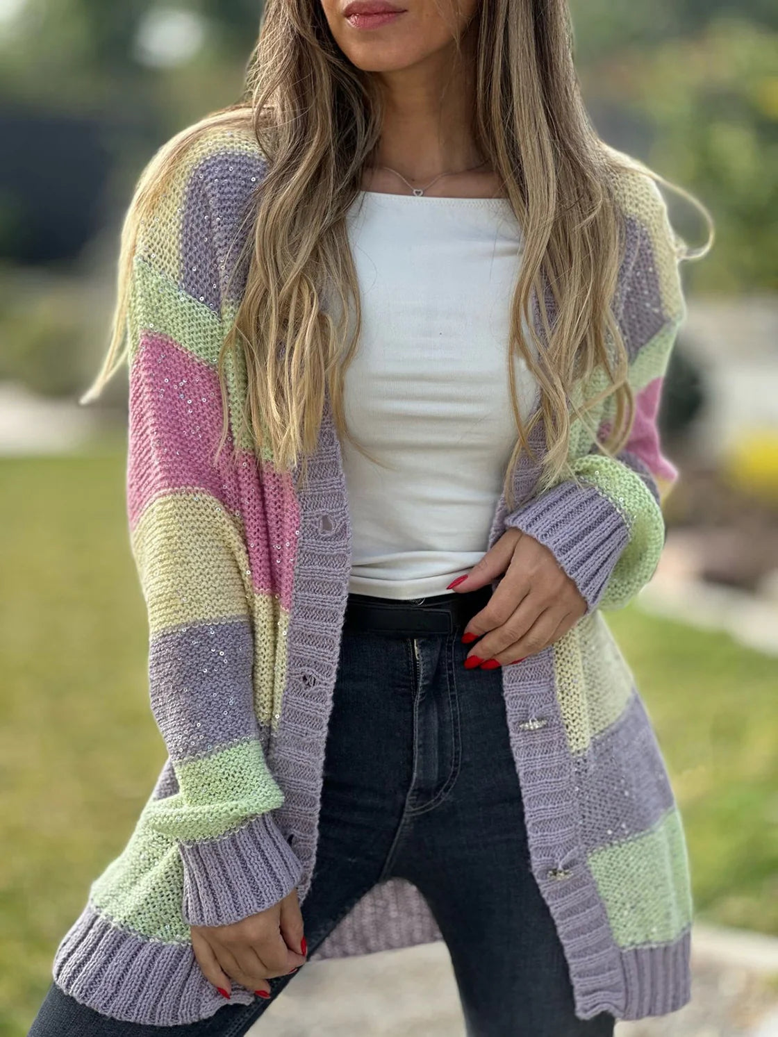 Women's Casual Contrast Color Striped Knitted Cardigan