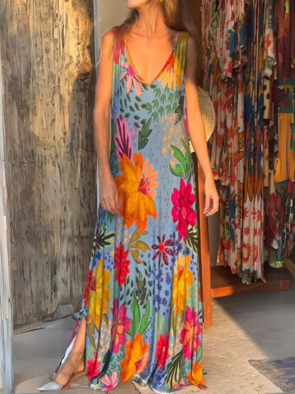 Resort Style V-neck Colorful Printed Dress