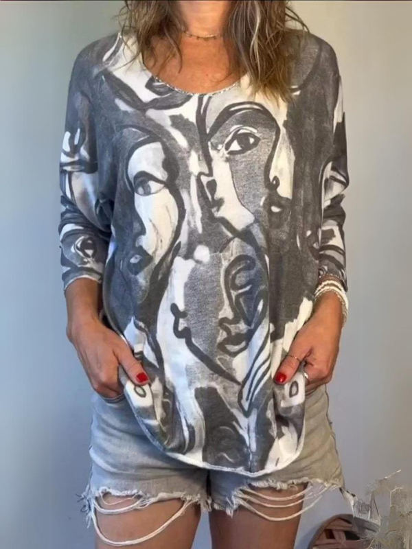 Round Neck Casual Abstract Print Long Sleeve Top