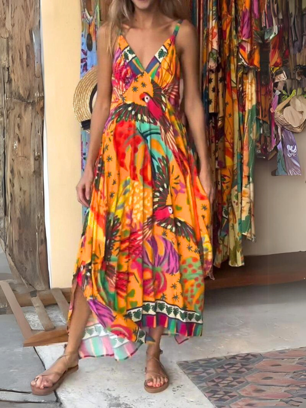 Resort Style V-neck Printed Dress