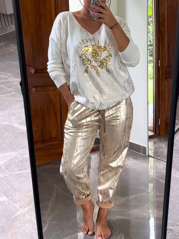 Fashionable Sequin Top And Bronzing Trousers Two-piece Set