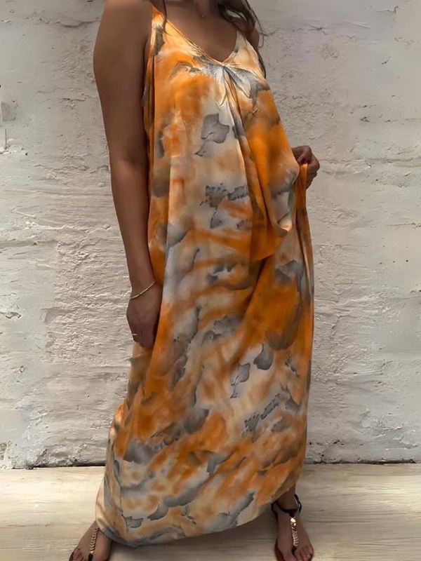 Women's Casual Loose V-neck Tie-dye Print Maxi Dress