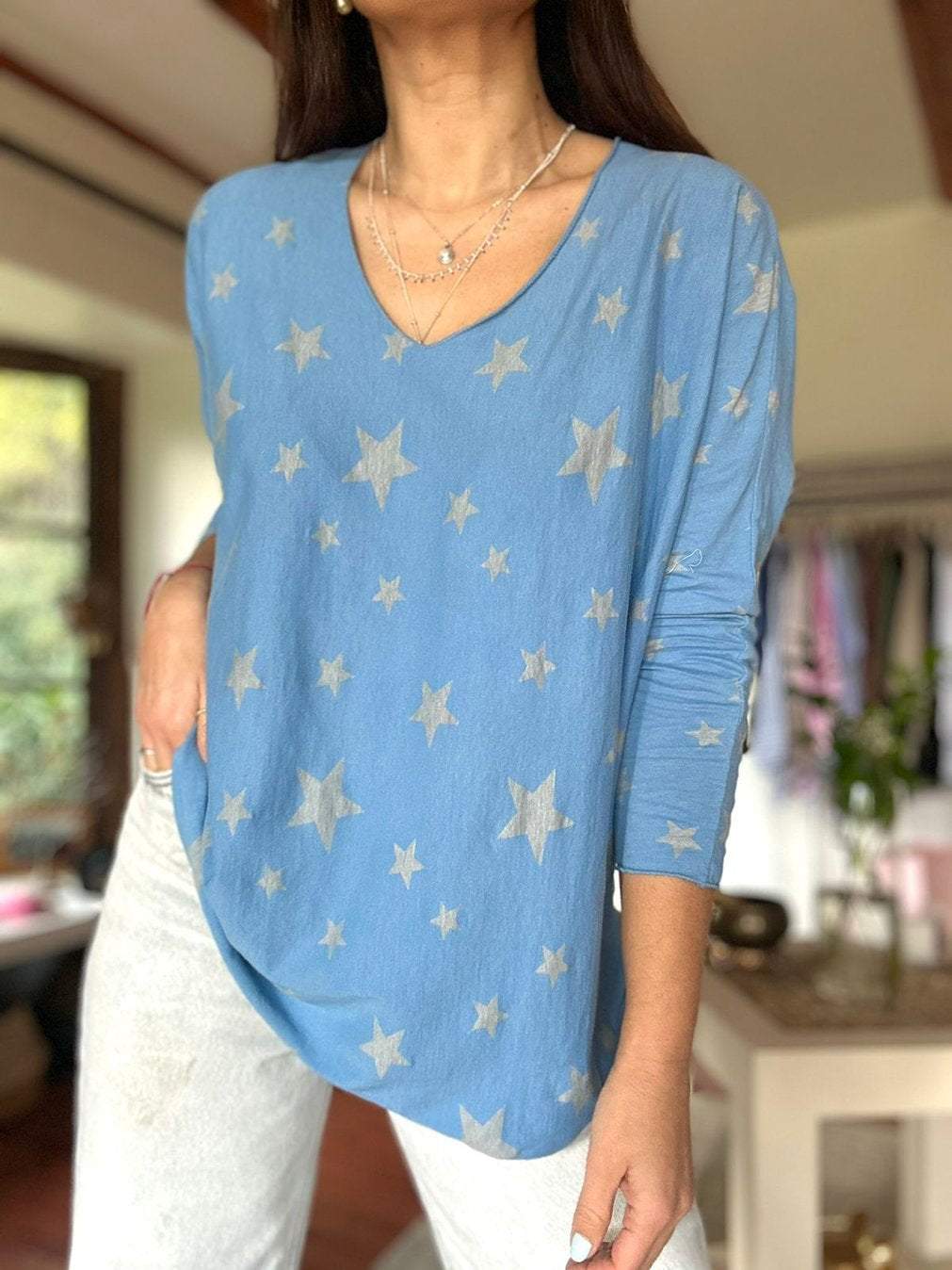 Women's Casual Star Print Round Neck Long Sleeve Top