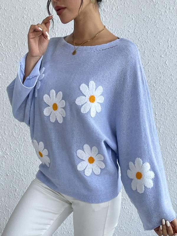 Loose Embroidered Floral Bat Sleeve Sweater Top Sweater