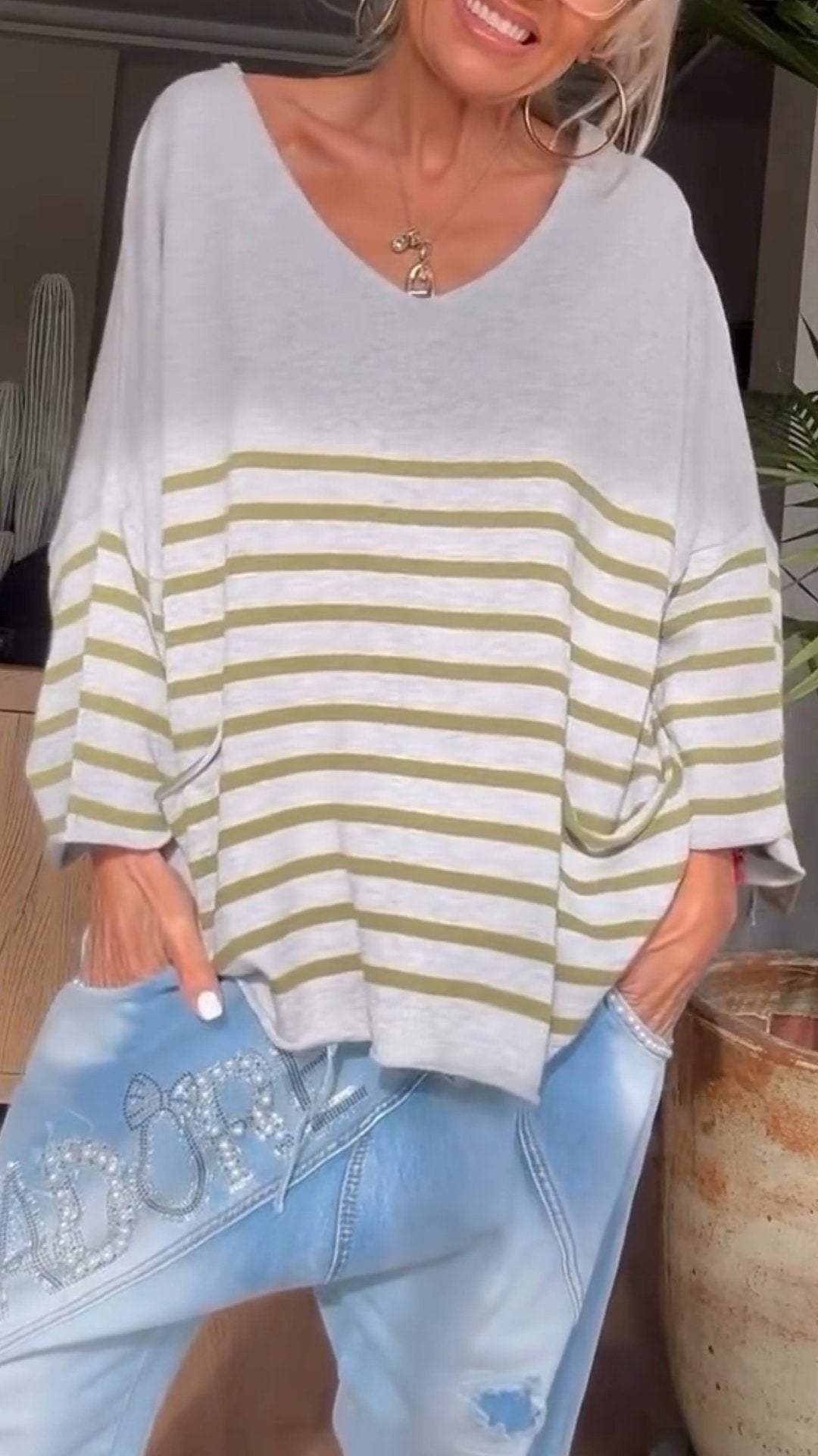V-neck Mid-length Sleeve Striped Casual Top