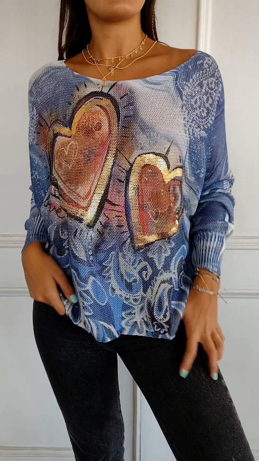 Casual Round Neck Love Printed Top