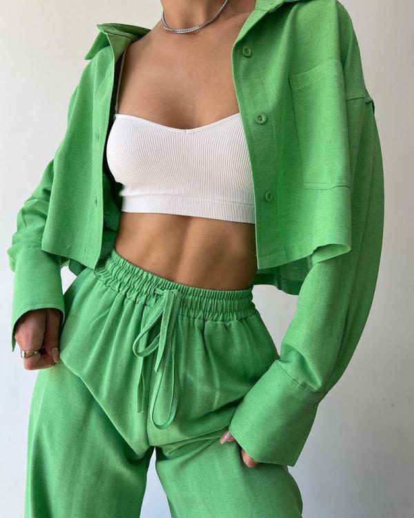 Two Piece Outfits Casual Lounge Sets Long Sleeve Short Casual Shirt With Drawstring Trousers Set