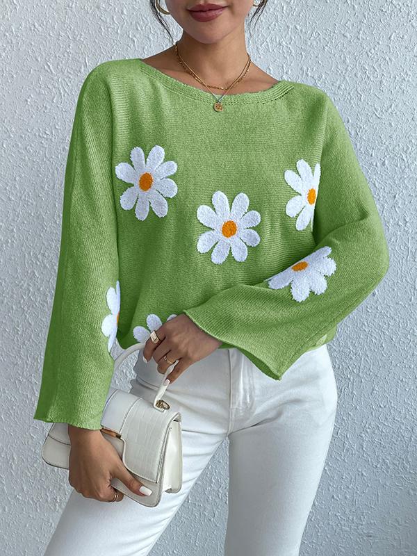 Loose Embroidered Floral Bat Sleeve Sweater Top Sweater