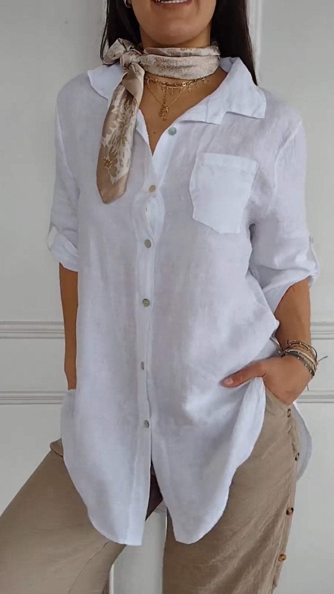 Women's Lapel Mid Sleeve Cotton and Linen Casual Shirt