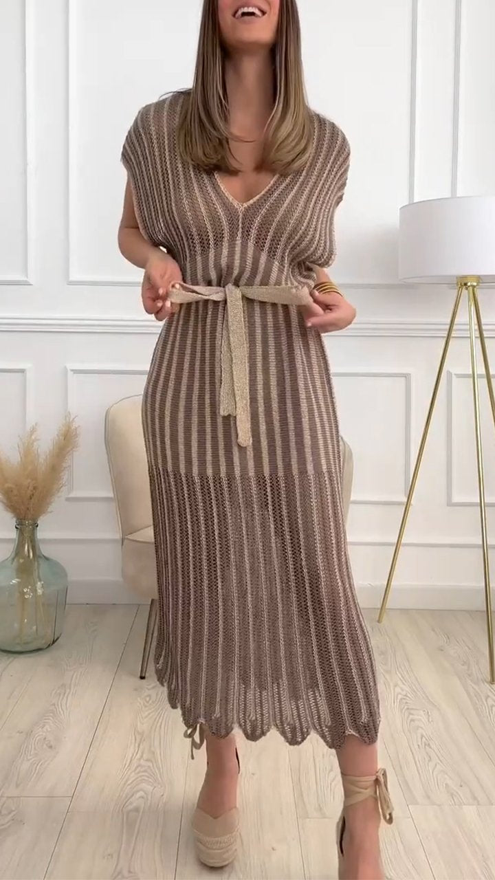 Knitted Hollow V-neck Dress