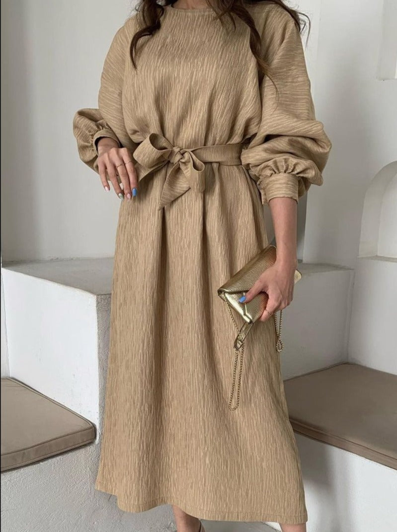 Round neck casual cotton and linen dress