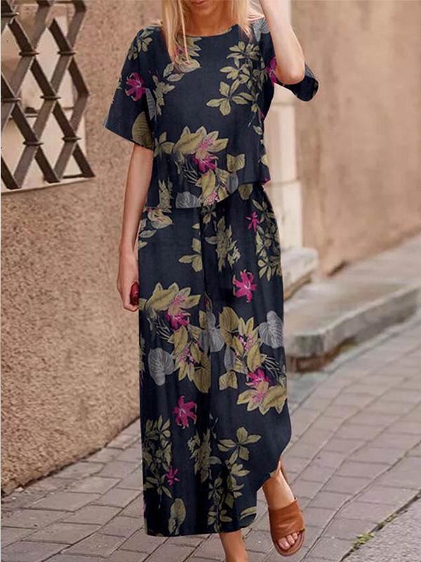 Women's Casual Printed Short-sleeved Dress Set Two-piece