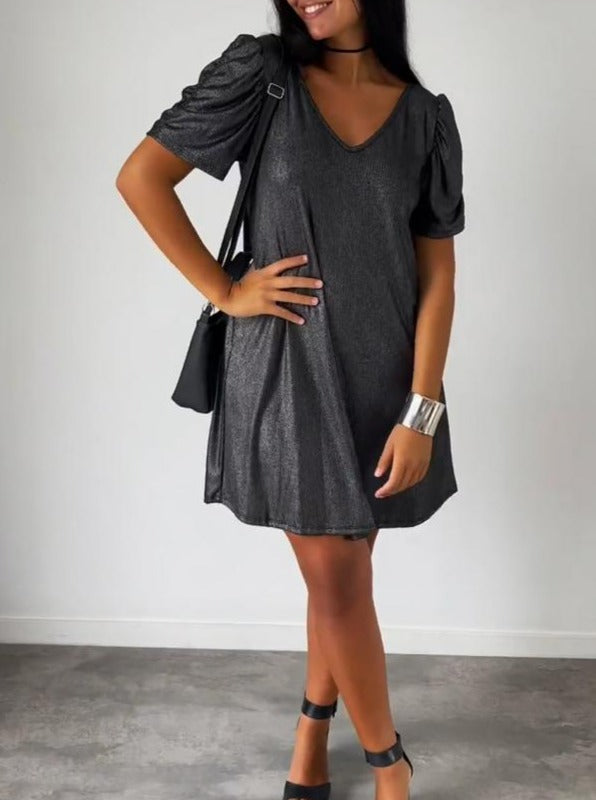 Women's V-neck casual loose cotton and linen dress