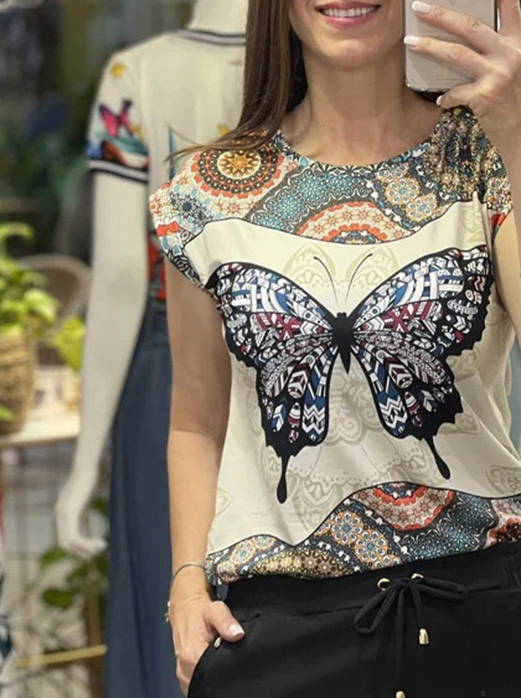 Round Neck Butterfly Print Short Sleeve T-shirt