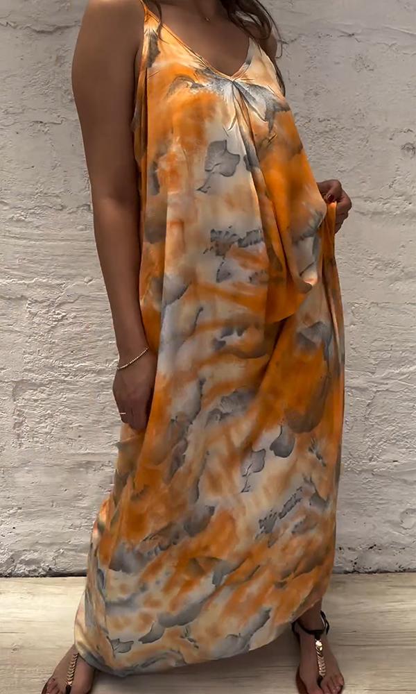 Women's Casual Loose V-neck Tie-dye Print Maxi Dress