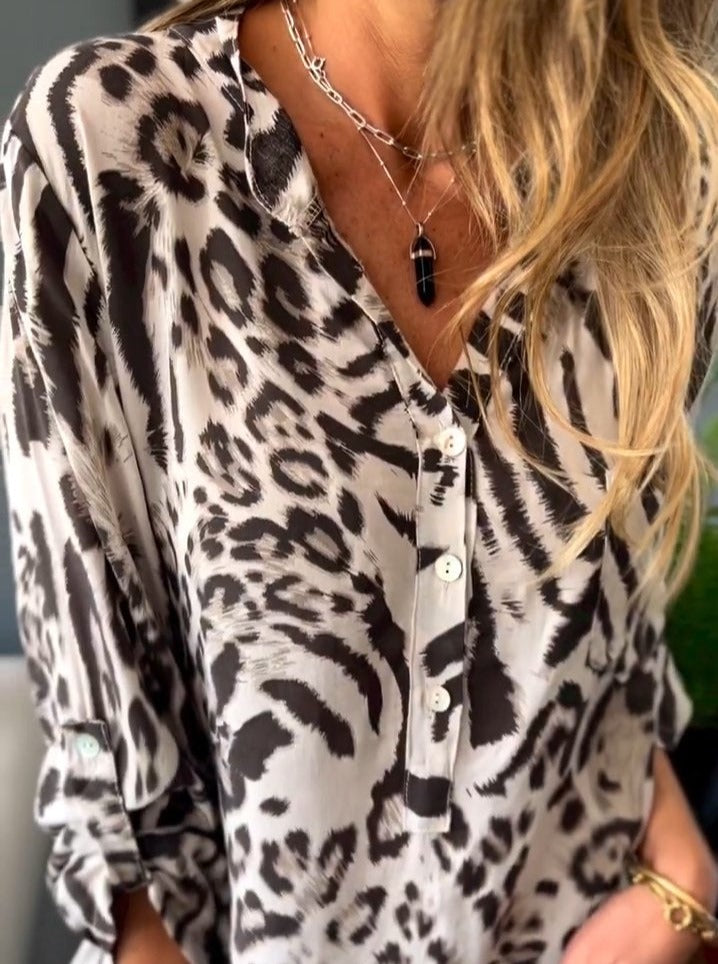 V-neck Leopard Print Cotton and Linen Top