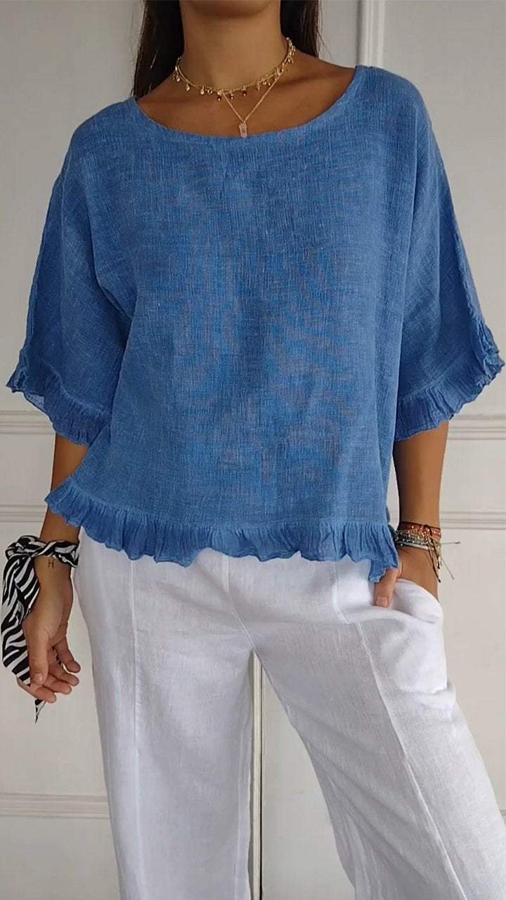 Round Neck Ruffled Hem Mid-sleeve Cotton and Linen Top