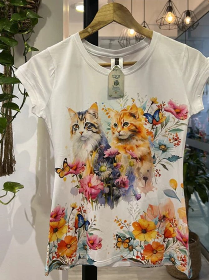 Round Neck Cat Print Short-sleeved T-shirt