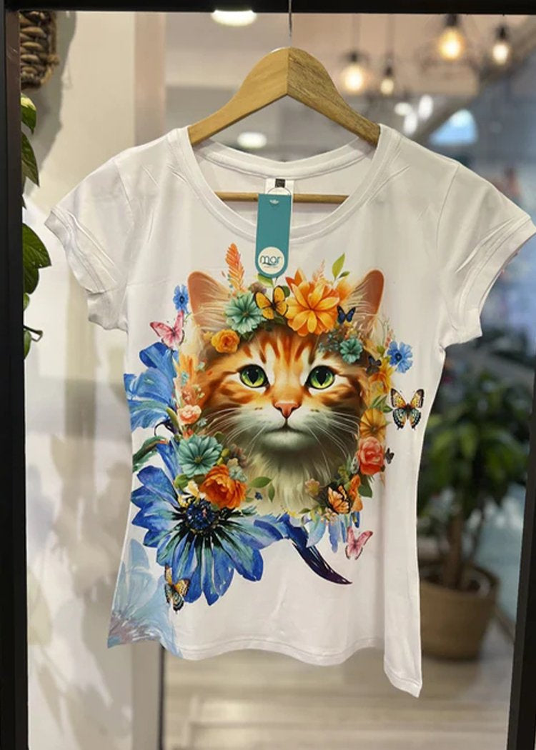 Round Neck Cat Print T-shirt