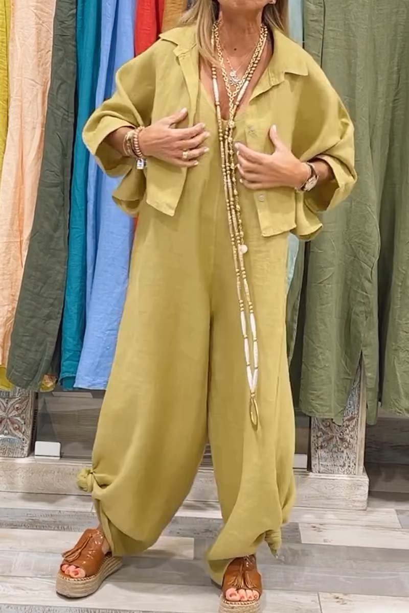 Women's casual solid color cotton and linen jumpsuit suit