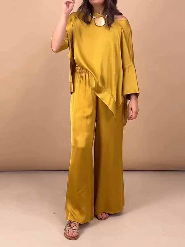 Women's Round Neck Solid Color Satin Two Piece Suit