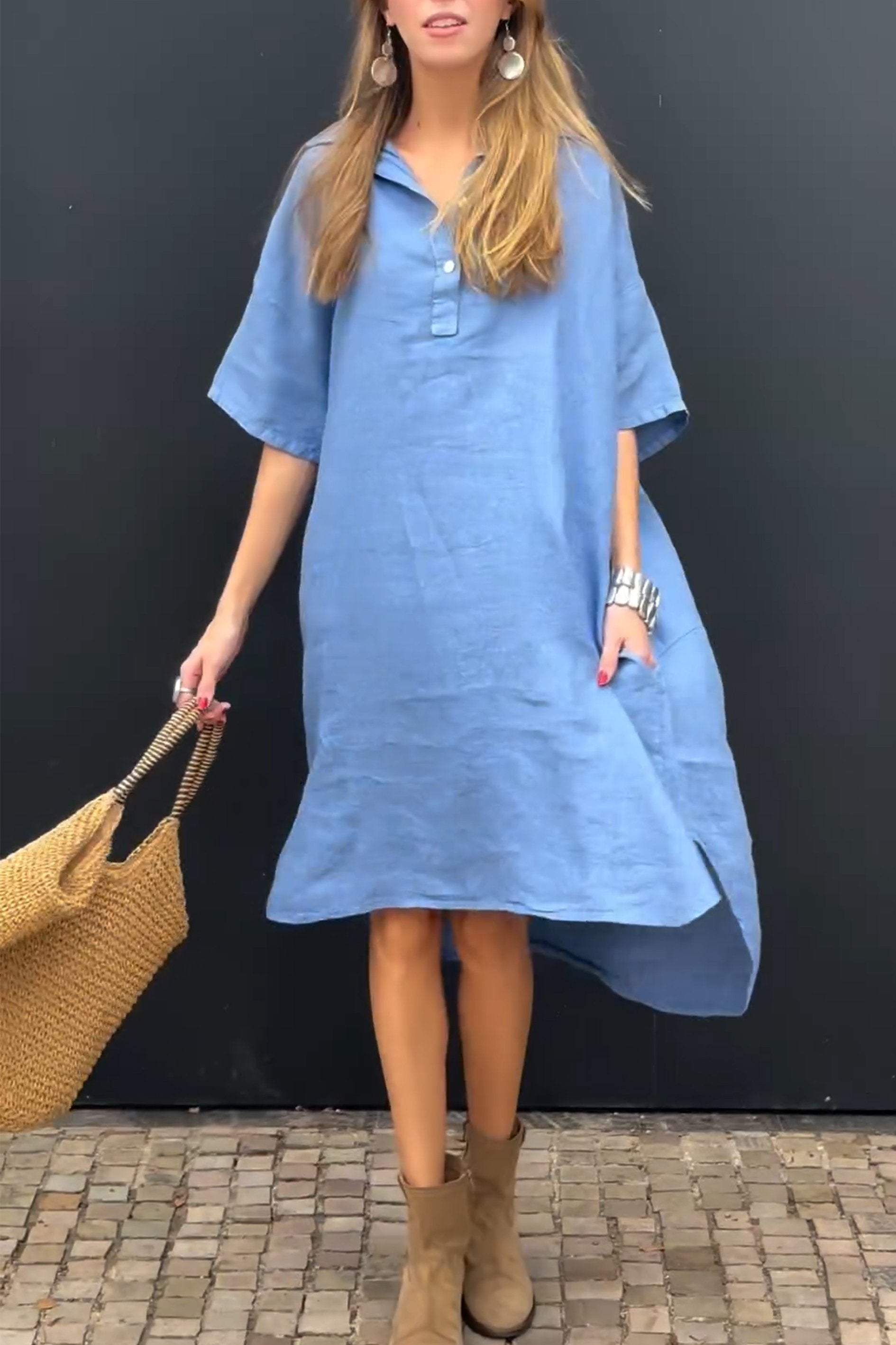 V-neck Buttoned Cotton and Linen Dress