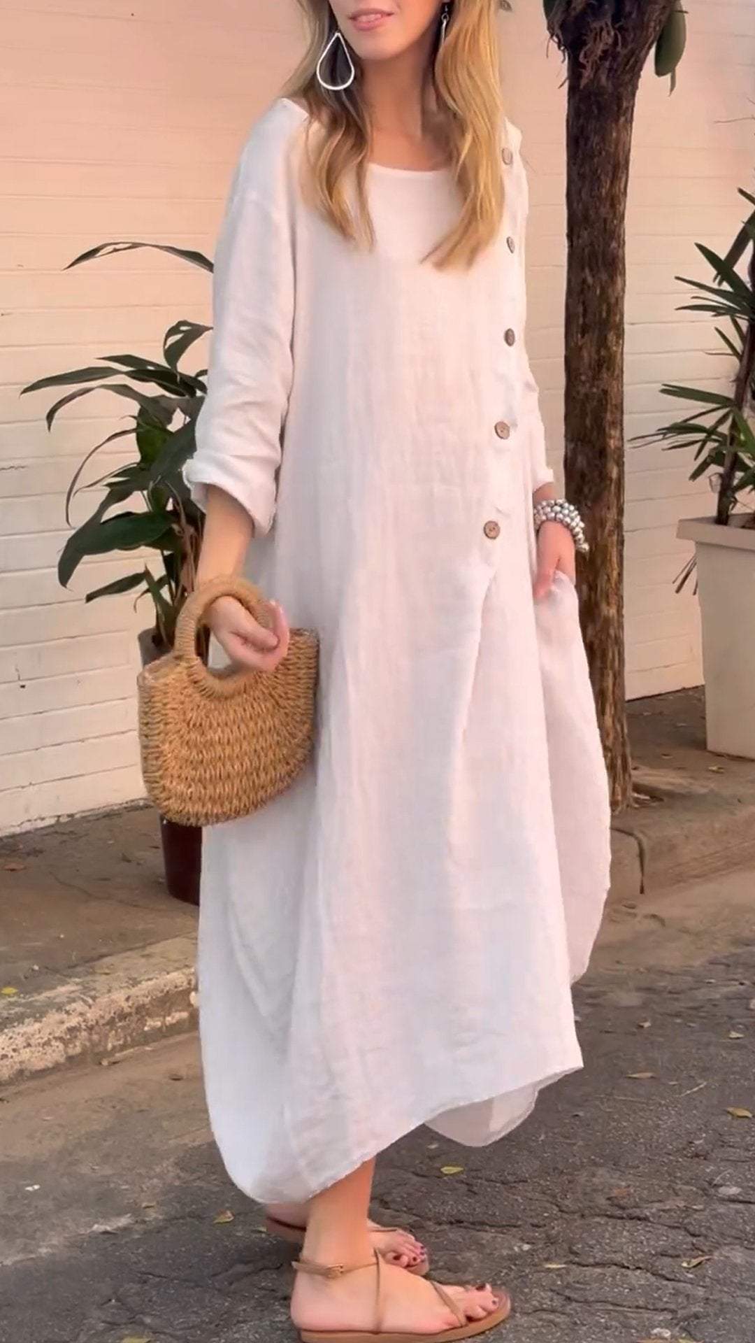 Women's Round Neck Long Sleeve Button Casual Cotton and Linen Dress