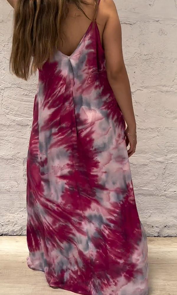 Women's Casual Loose V-neck Tie-dye Print Maxi Dress