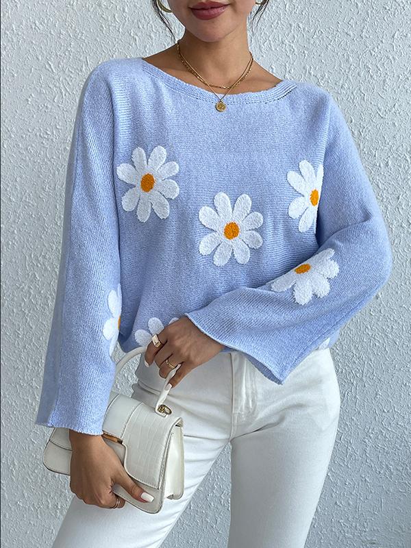 Loose Embroidered Floral Bat Sleeve Sweater Top Sweater