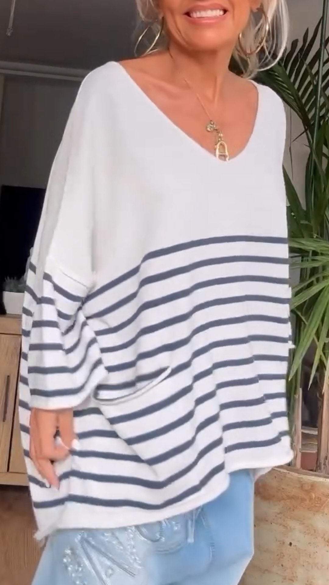 V-neck Mid-length Sleeve Striped Casual Top