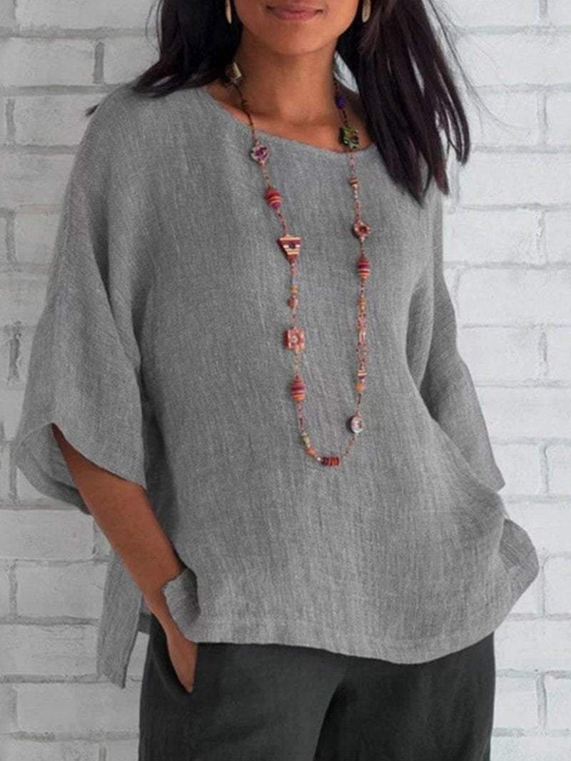 Fashion women's sleeve round neck cotton linen shirt