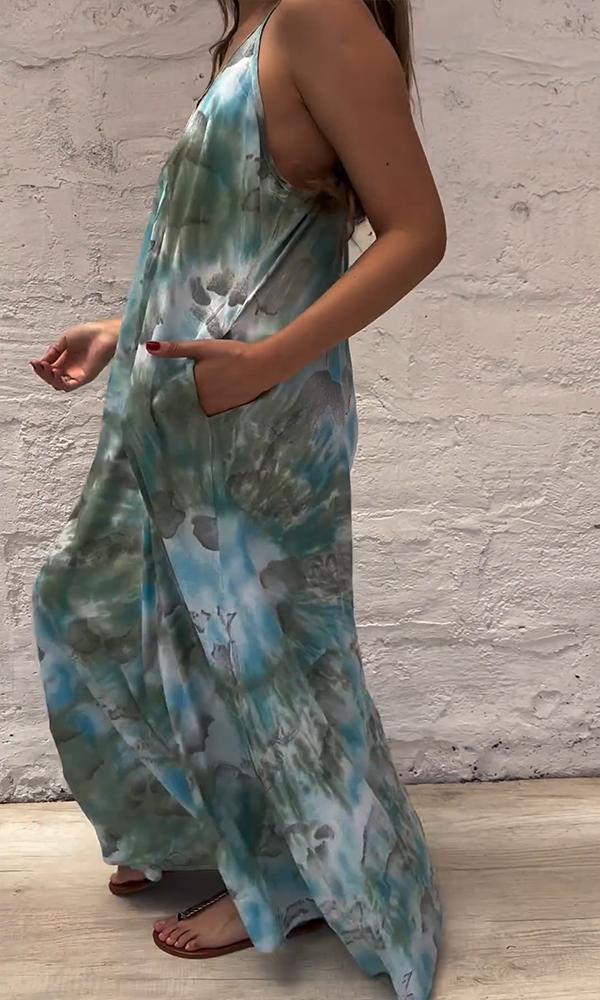 Women's Casual Loose V-neck Tie-dye Print Maxi Dress