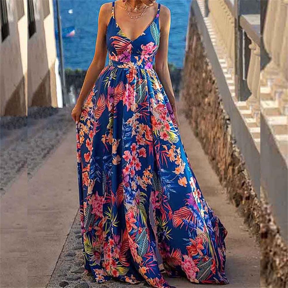 Women's Temperament V-neck Print Halter Holiday Split Swing Dress