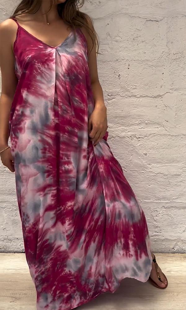 Women's Casual Loose V-neck Tie-dye Print Maxi Dress