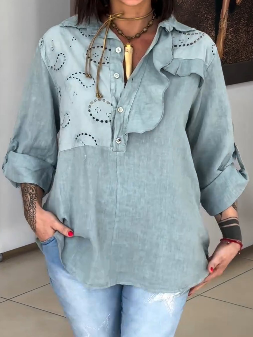 Women's Casual Irregular Hollow Cotton And Linen Shirt