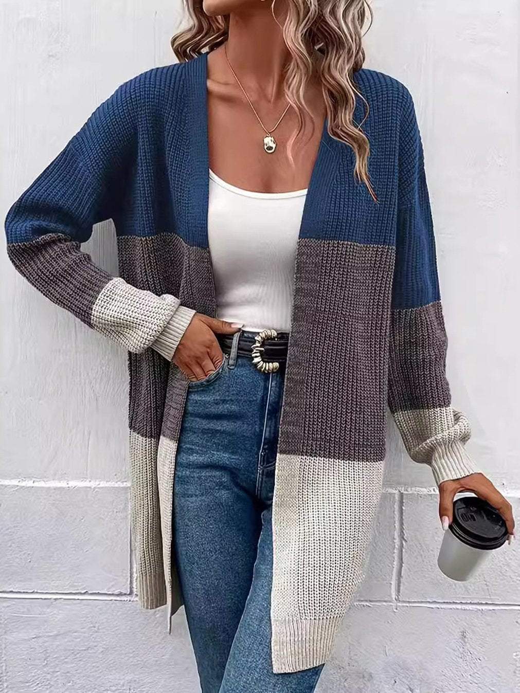 Women's Casual Contrast Color Mid-Length Knitted Cardigan