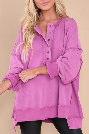 Women's Casual Oversized Button Henley Neck Pullover Tunic Sweatshirt