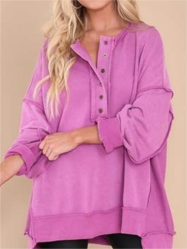 Women's Casual Oversized Button Henley Neck Pullover Tunic Sweatshirt