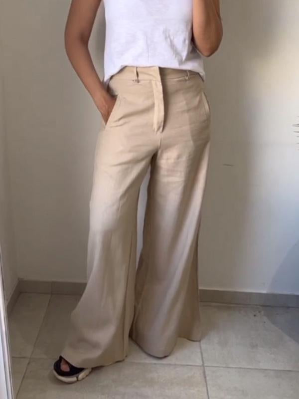 Casual cotton and linen solid color wide leg pants