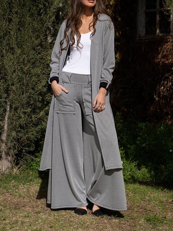 Women's Plaid Long-sleeved Coat and Trousers Cotton Linen Suit