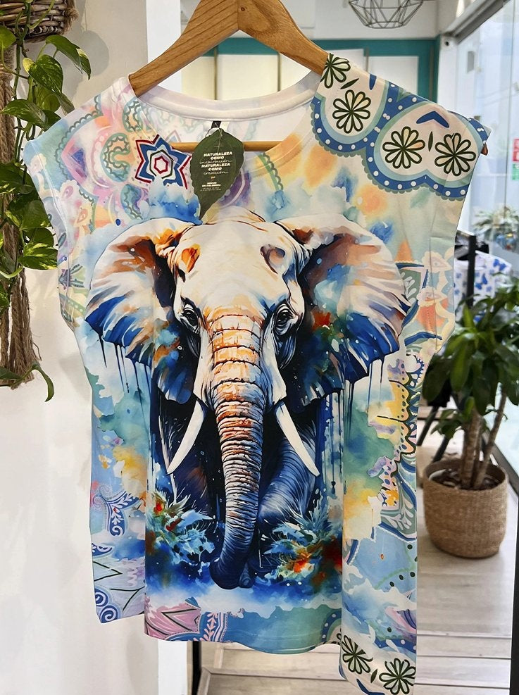 Round Neck Elephant Print T-shirt