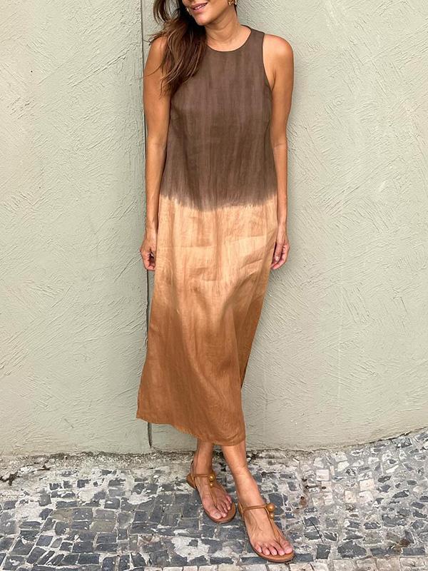 【Same Day Delivery】Women's casual cotton and linen sleeveless slit gradient tie-dye long dress