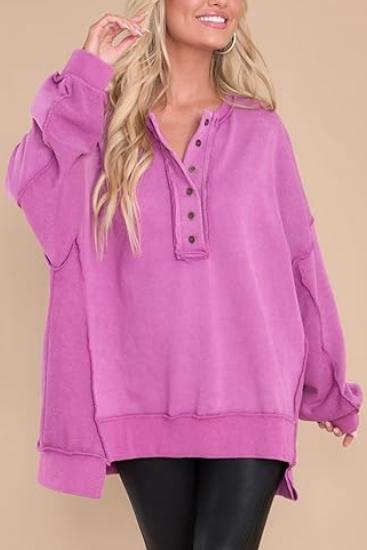 Women's Casual Oversized Button Henley Neck Pullover Tunic Sweatshirt