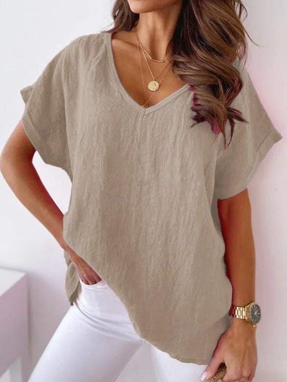 V Neck Casual Plain Summer Loose Short Sleeve White Linen Top