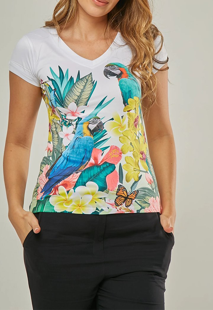 V-Neck Parrot Print Slim Fit T-shirt