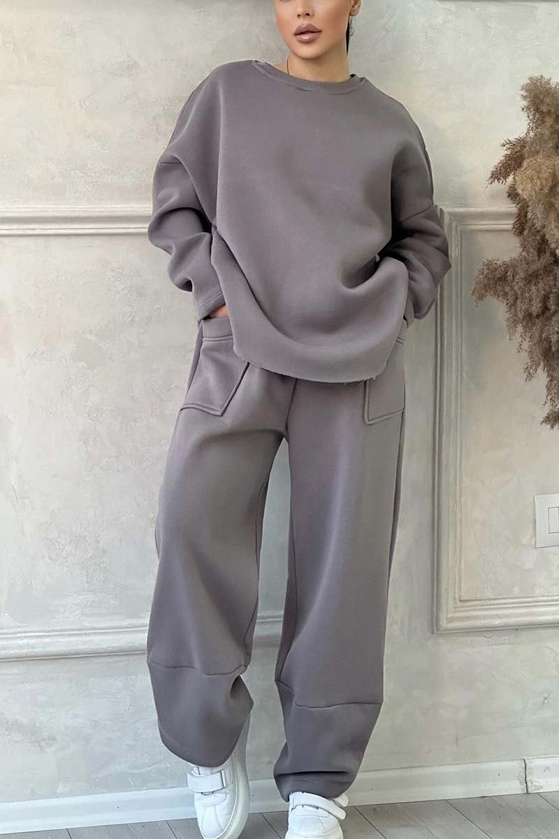 Women's Casual Solid Color Round Neck Long Sleeve Sweatshirt Sports Suit